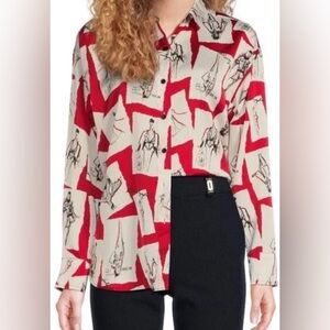Karl Lagerfeld Paris - Long Sleeve Button Front Blouse Red White Logo NWOT Sz XS